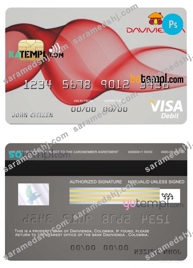 Colombia Davivienda bank visa debit card template in PSD format, fully editable